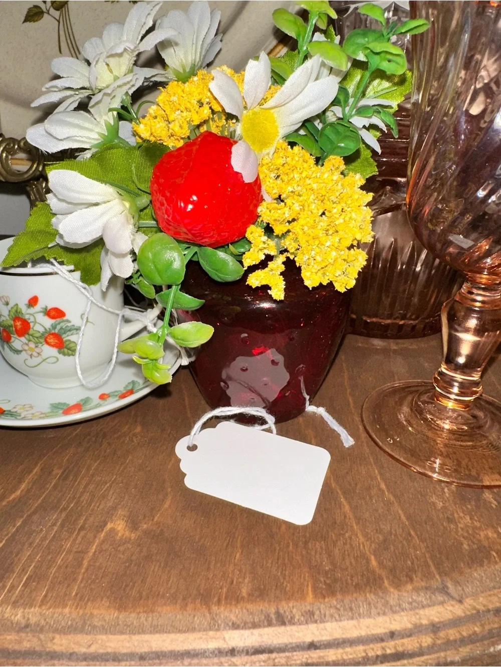 Avon Red Glass Jar with Yellow and White Faux Floral Mix
